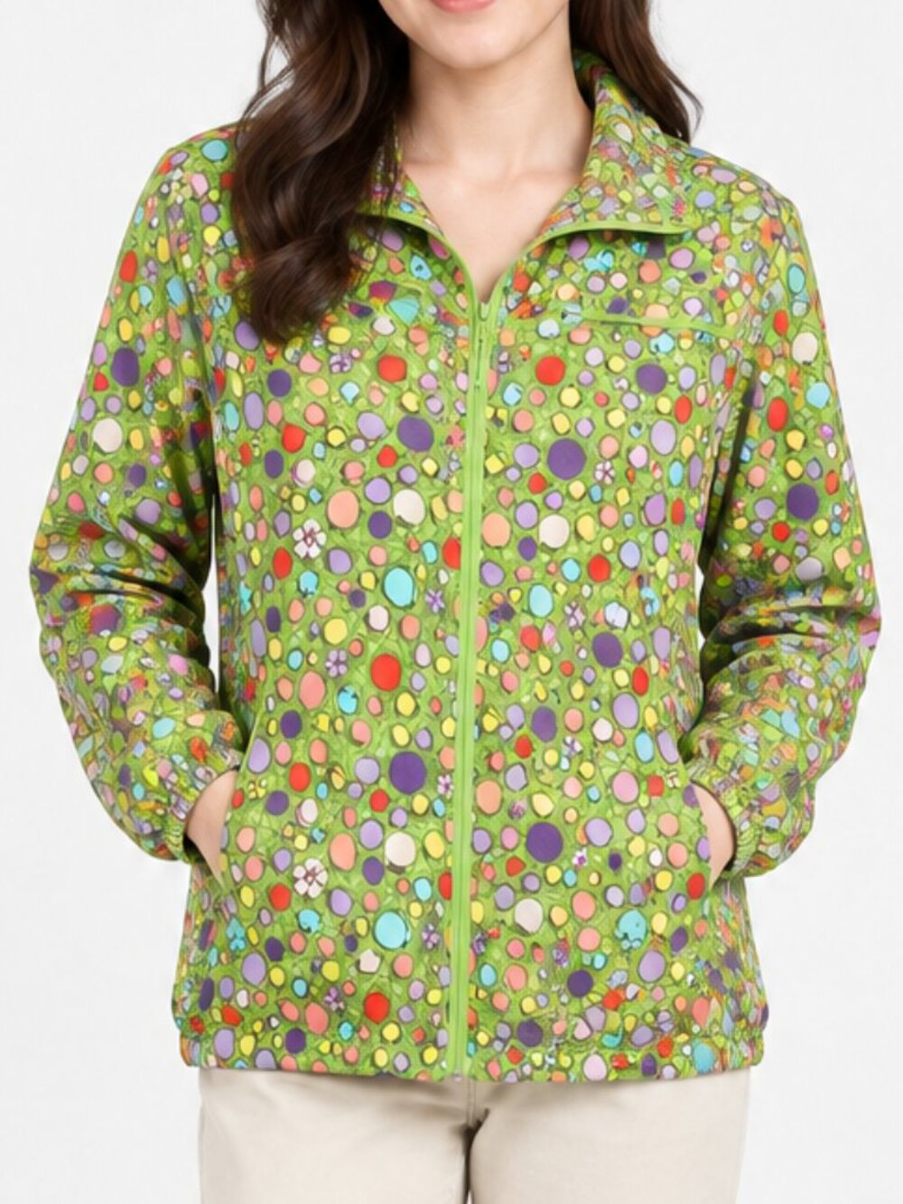 Koret Sport Vintage Colorful Pebble Dots Full Zip Windbreaker Green Jacket Large